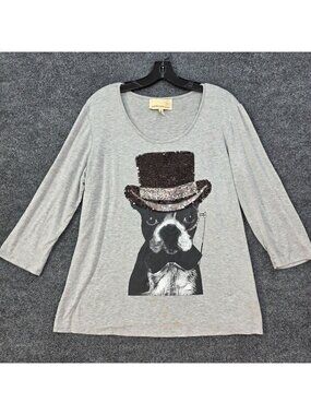 Anthony Originals Sequin Boston Terrier Dog Graphic Top XL Gray Whimsical Bling
